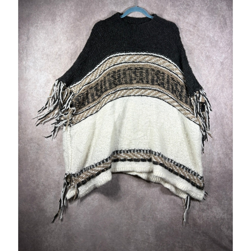 Free People Poncho Women XS/S Black White Striped Fringe Chunky Knit Cape Boho